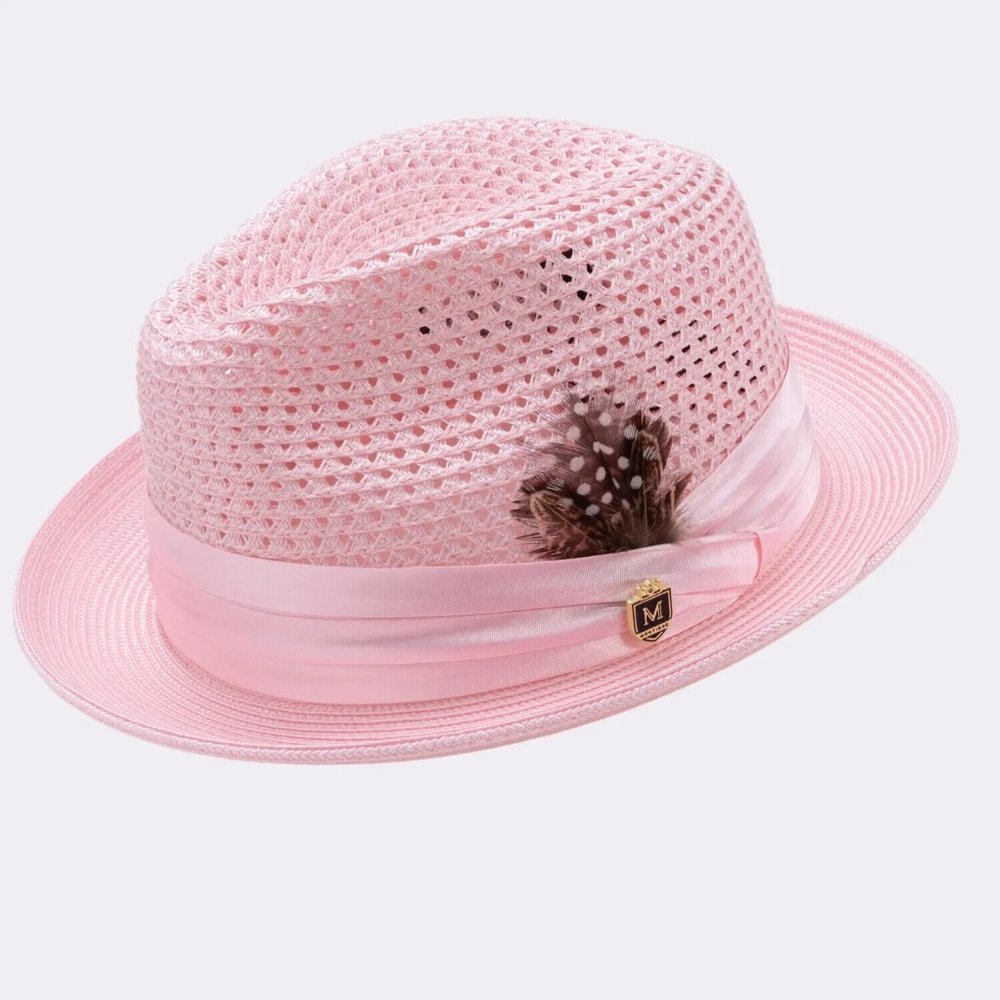 Montique PINK STINGY BRIM Pinch Braided Fedora With Satin Ribbon Hat  h-34